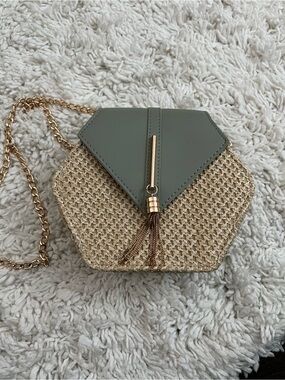 Hexagon Straw Crossbody with Sage Flap and Gold Tassel
